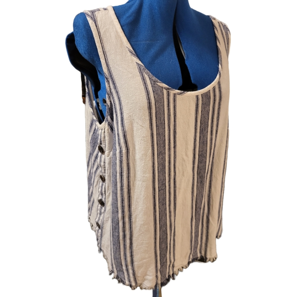 A.n.a White & Navy Striped Sleeveless Linen Blend Blouse Buttons Down Side sz 1X